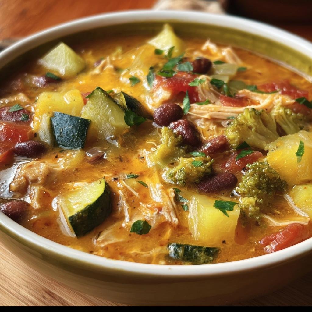 A hearty bowl of high protein low carb soup with chicken, beans, and mixed vegetables.
