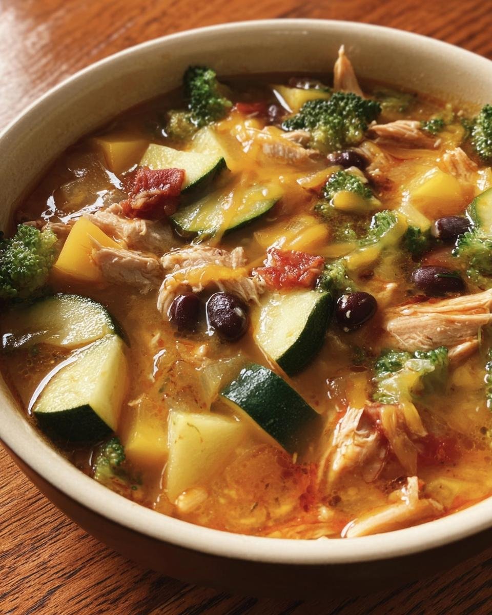 Bowl of High Protein Low Carb Soup with chicken, zucchini, broccoli, tomatoes, and black beans.