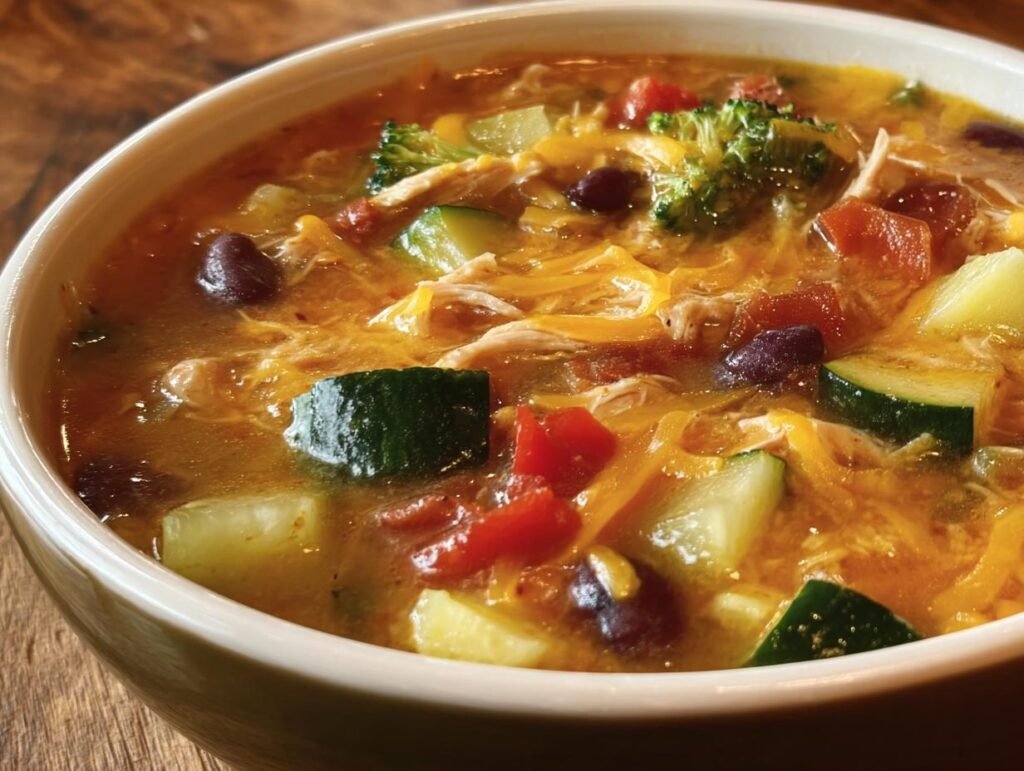 Bowl of high protein low carb soup featuring chicken, zucchini, tomatoes, beans, broccoli, and cheese.