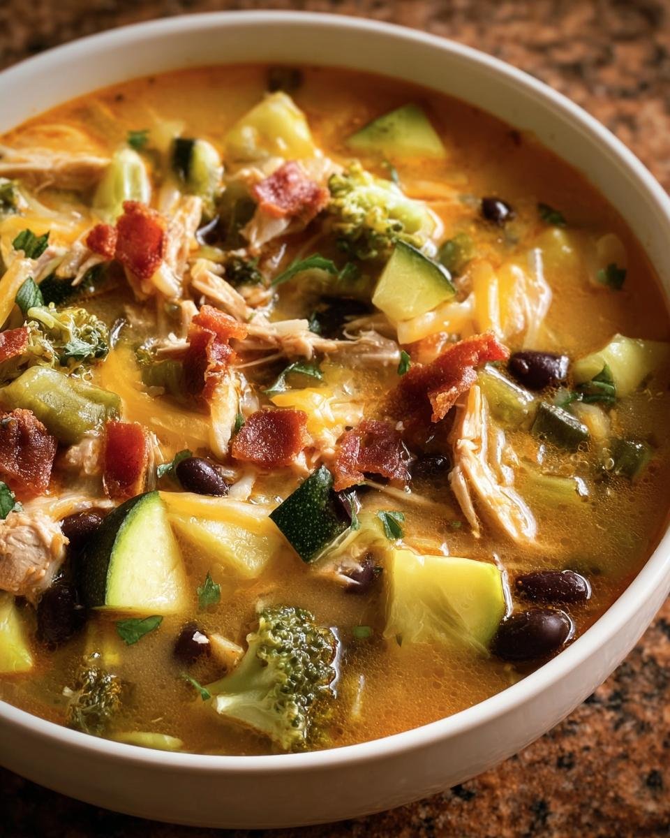 Close-up of a bowl of High Protein Low Carb Soup featuring chicken, vegetables, and bacon.