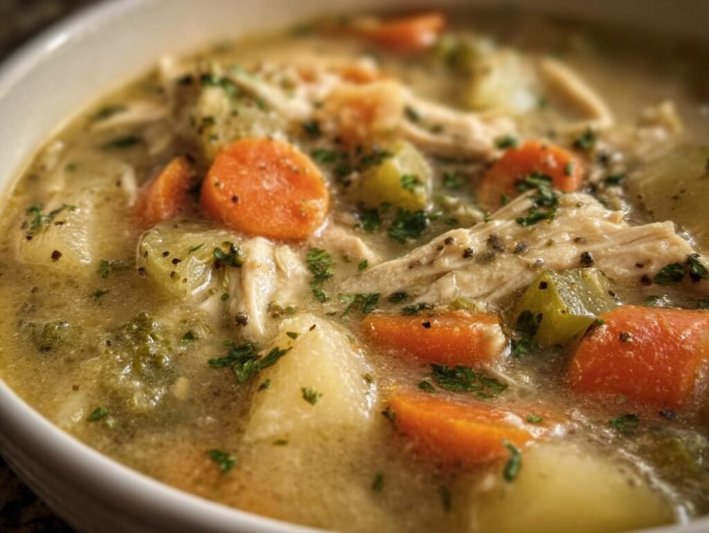 Bowl of High Protein Soup with Chicken and Veggies, featuring carrots, potatoes, and parsley.