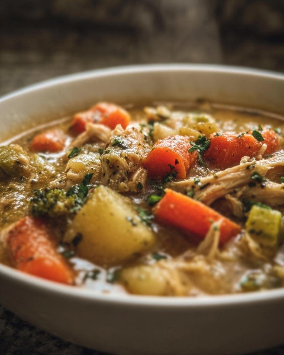 A bowl of High Protein Soup with Chicken and Veggies, featuring carrots, potatoes, and shredded chicken.