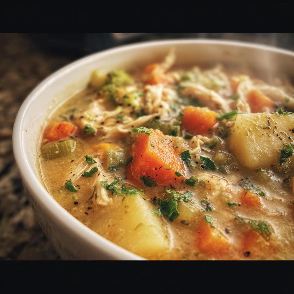 Close-up of a bowl of High Protein Soup with Chicken and Veggies, featuring carrots, potatoes, celery, and herbs.