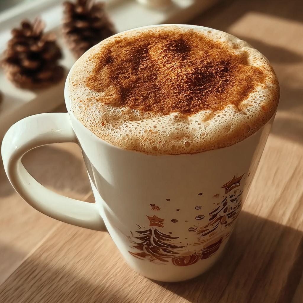 A delicious Homemade Christmas Chai Latte in a Christmas-themed mug, topped with cinnamon.
