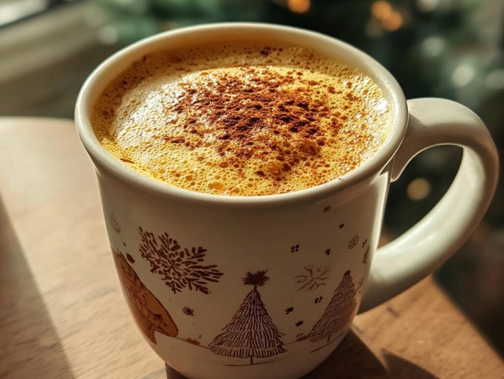 A festive mug filled with Homemade Christmas Chai Latte, topped with spice. Holiday design on the mug.