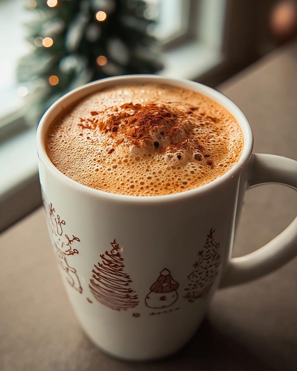 A mug of Homemade Christmas Chai Latte topped with spice, with a Christmas tree design on the mug.