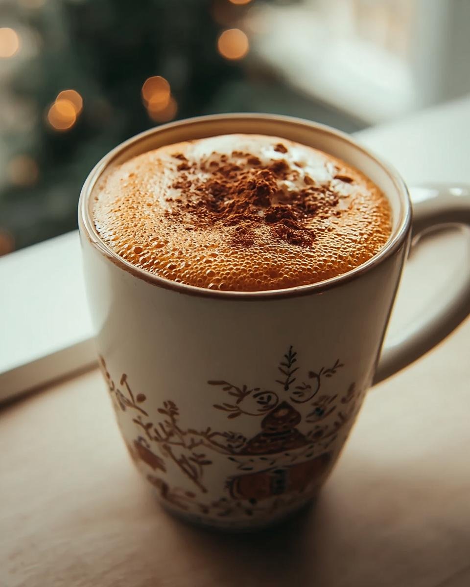 Close-up of a Homemade Christmas Chai Latte in a decorative mug, topped with spices.