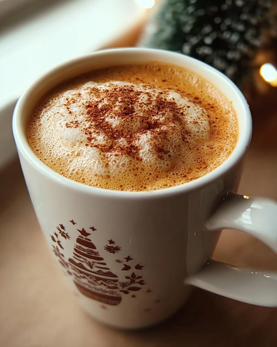 A mug of Homemade Christmas Chai Latte, topped with foam and spices, in a Christmas-themed mug.