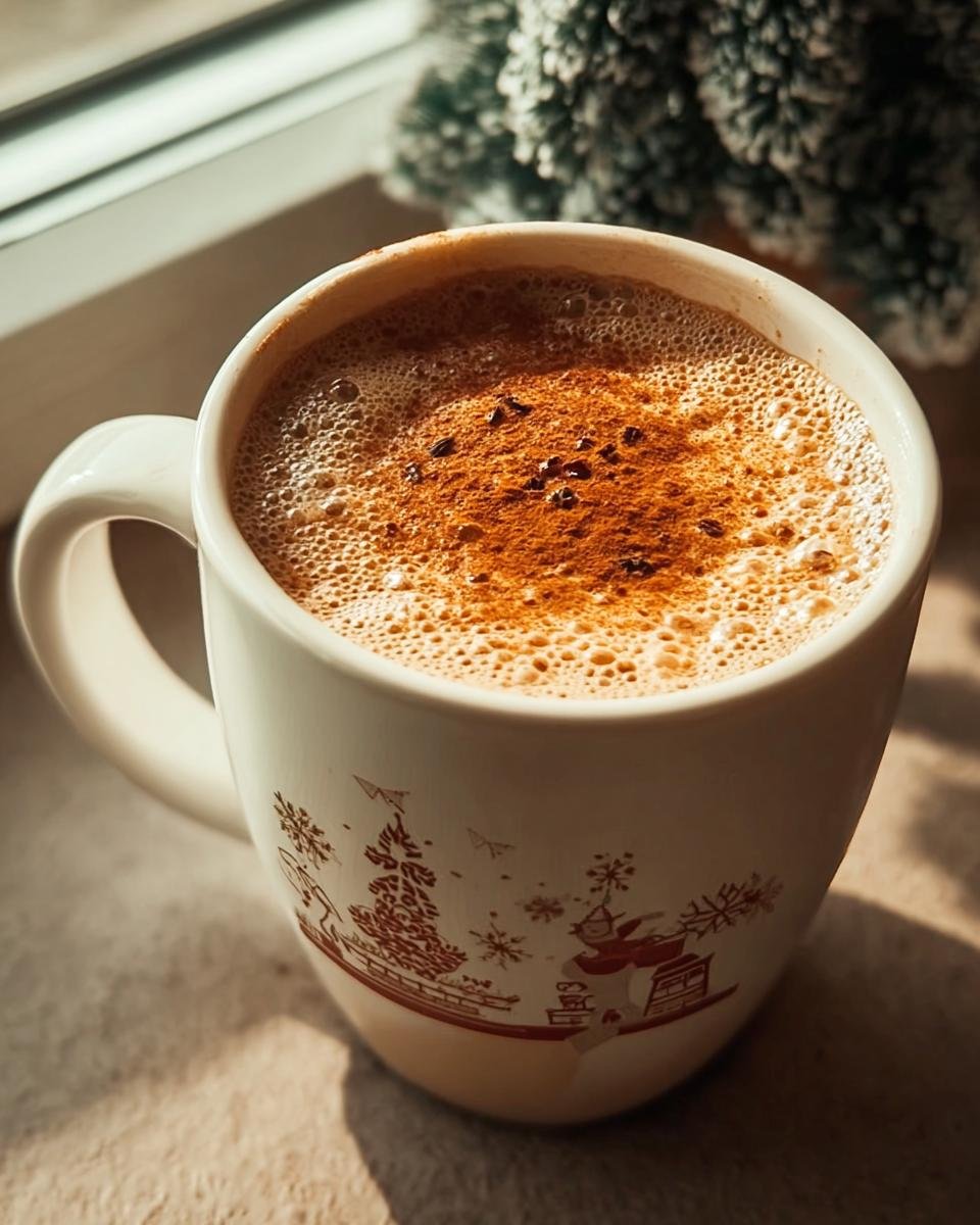 A mug of Homemade Christmas Chai Latte with foam and spice dusting, sitting near a window and a small Christmas tree.
