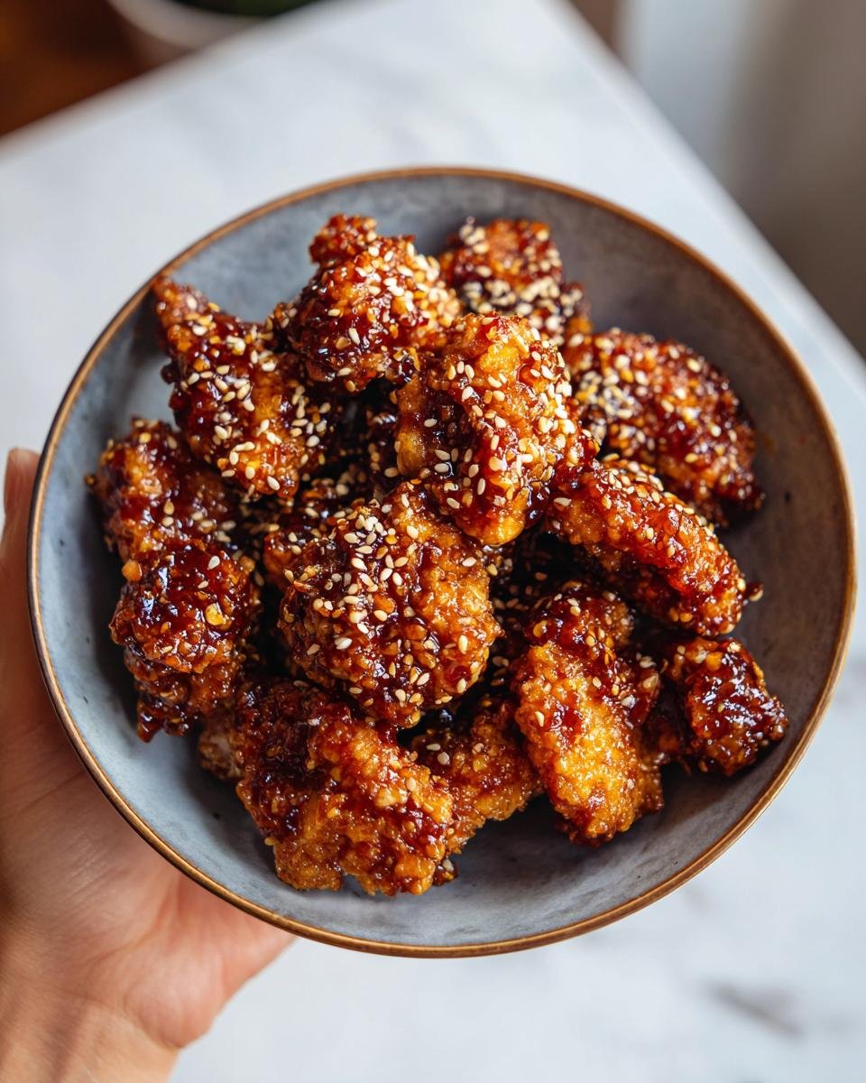 A bowl of delicious Honey Garlic Chicken Bites coated in sesame seeds and a sticky honey garlic sauce.