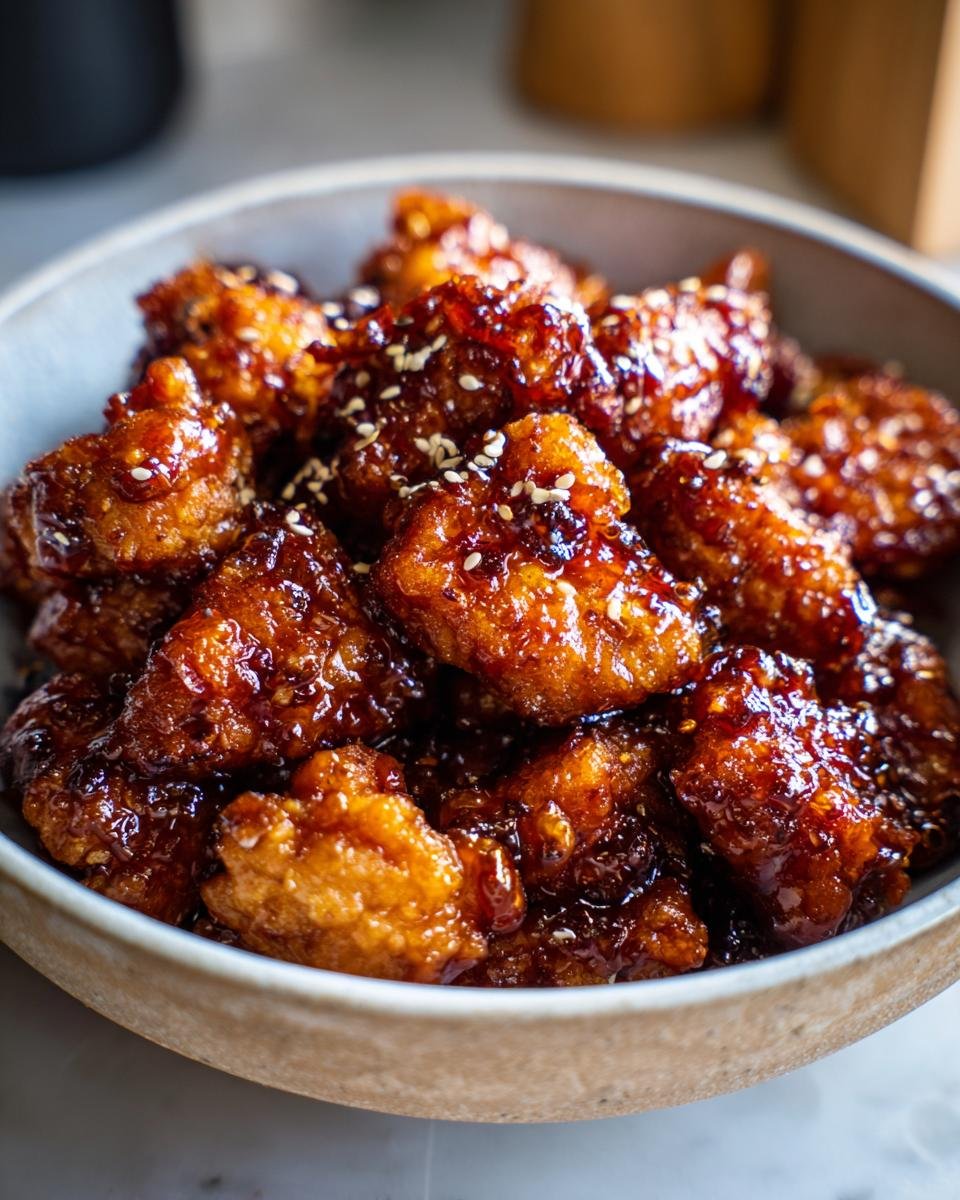 A bowl full of glistening Honey Garlic Chicken Bites, sprinkled with sesame seeds.