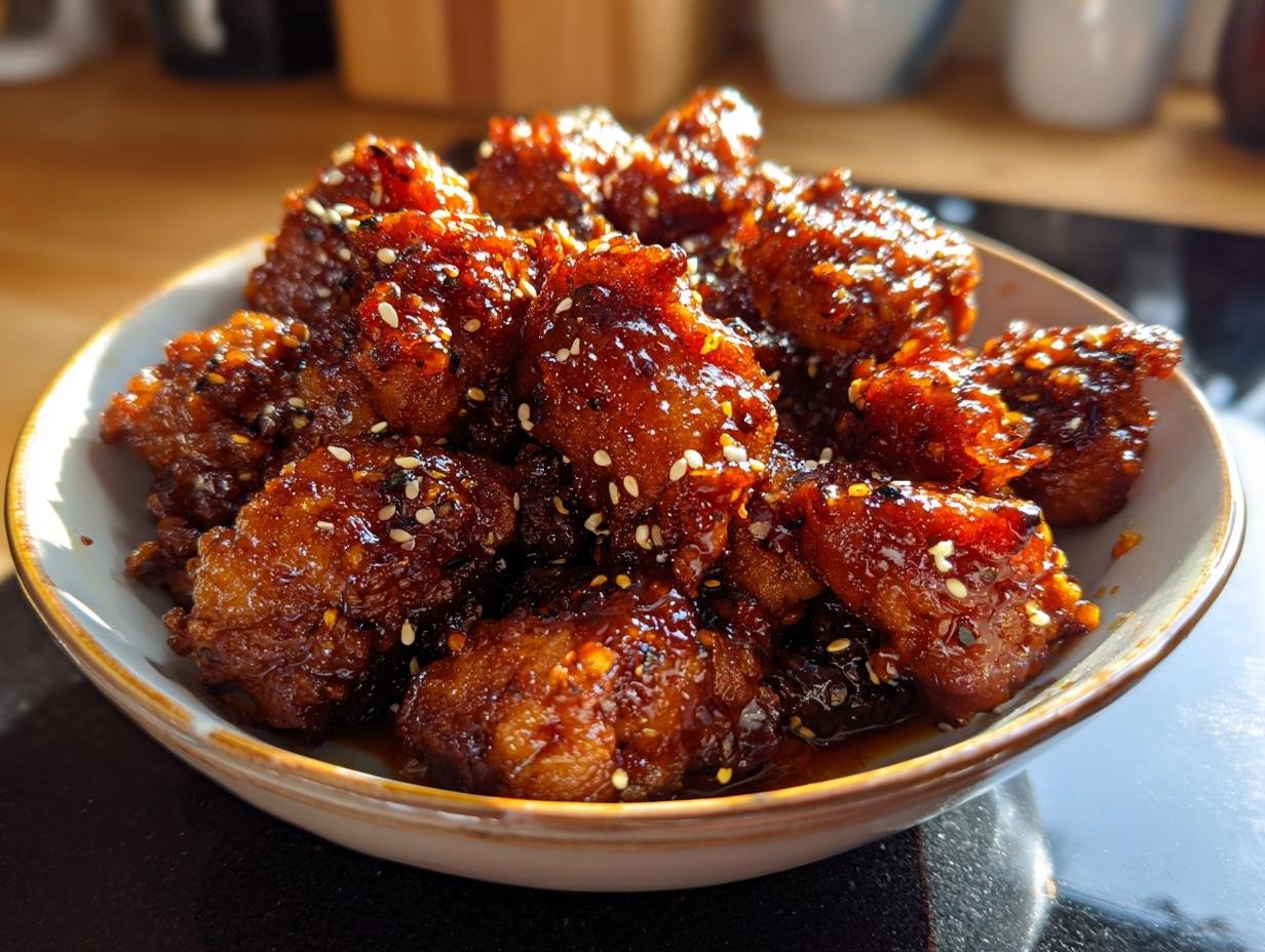 A bowl of glazed Honey Garlic Chicken Bites, sprinkled with sesame seeds.