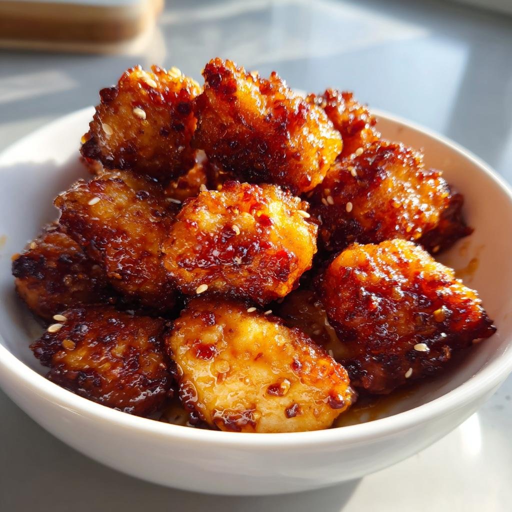 A bowl of glistening Honey Garlic Chicken Bites, coated in a sticky sauce and sprinkled with sesame seeds.