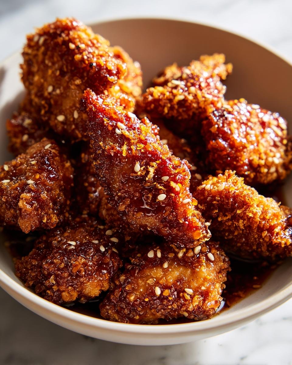 Close-up of crispy Honey Garlic Chicken Bites in a bowl, coated in a sweet, savory sauce and sesame seeds.