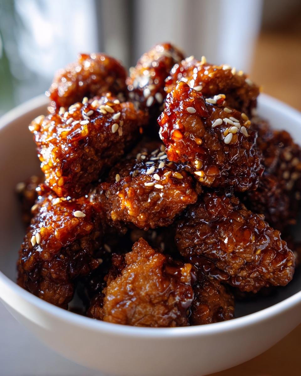 Close-up of Honey Garlic Chicken Bites in a white bowl, topped with sesame seeds.