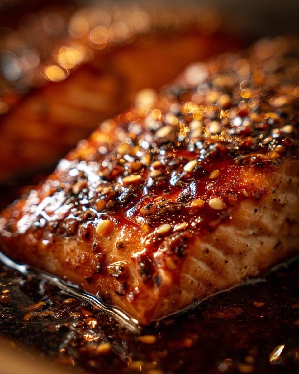 A close-up of Honey Garlic Salmon, showcasing the glaze and sesame seed topping.