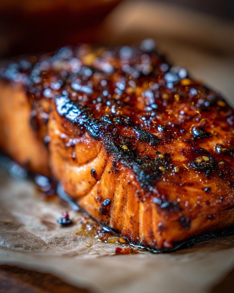 A close-up of glazed Honey Garlic Salmon fillet, showcasing its rich color and texture.
