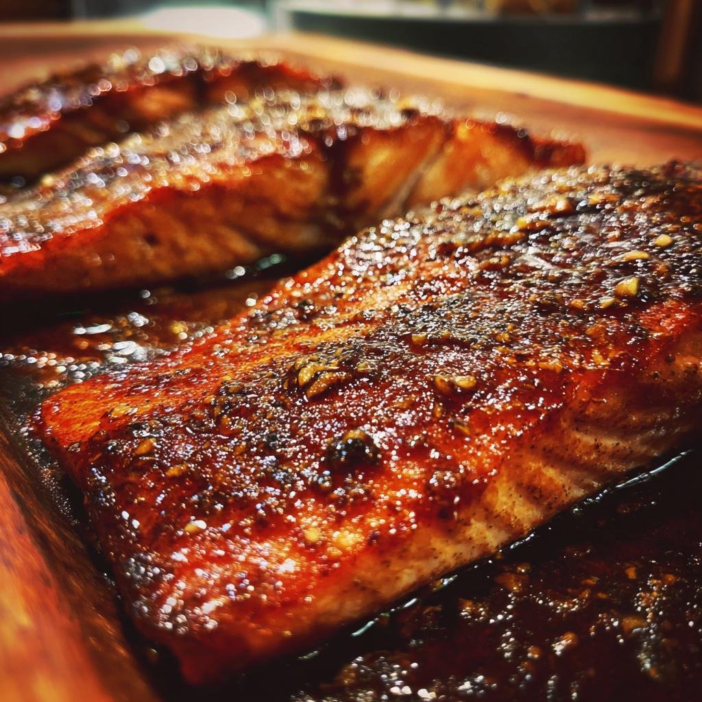 Close-up of glazed Honey Garlic Salmon fillets on a wooden board, showcasing the rich color and texture.