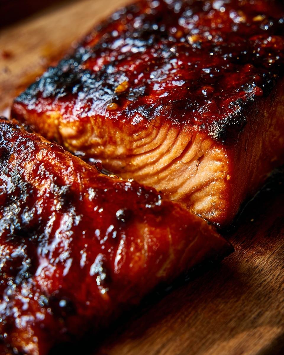 Close-up of two glazed Honey Garlic Salmon fillets on a wooden board, showcasing the texture and glaze.