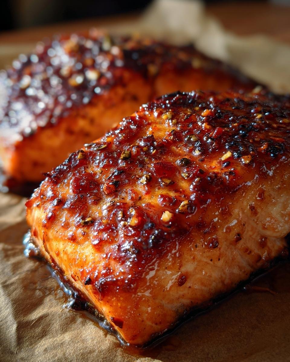 Two Honey Garlic Salmon fillets with a glistening glaze, ready to serve.