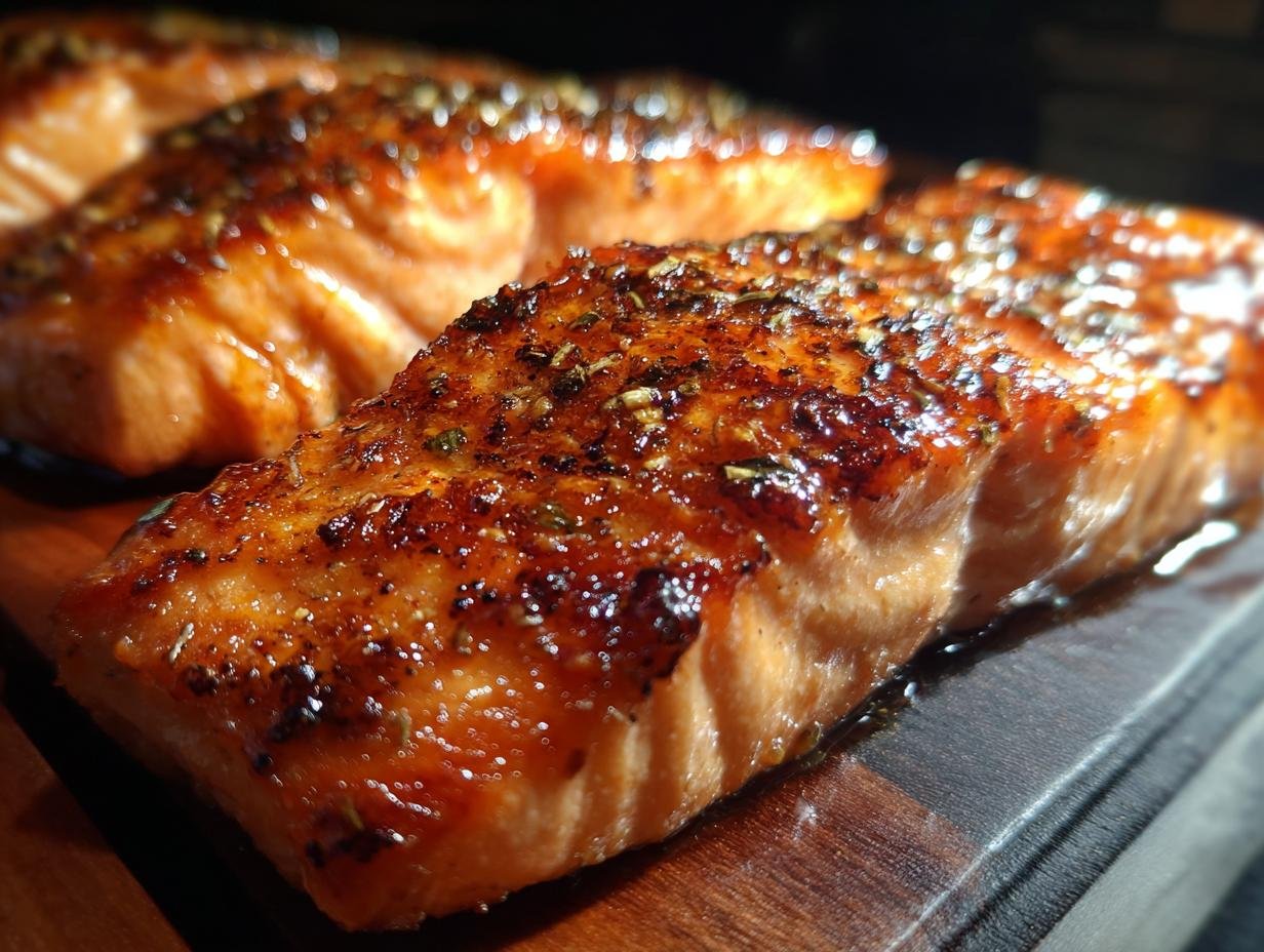 Close-up of glazed Honey Garlic Salmon fillets, seasoned and ready to eat.