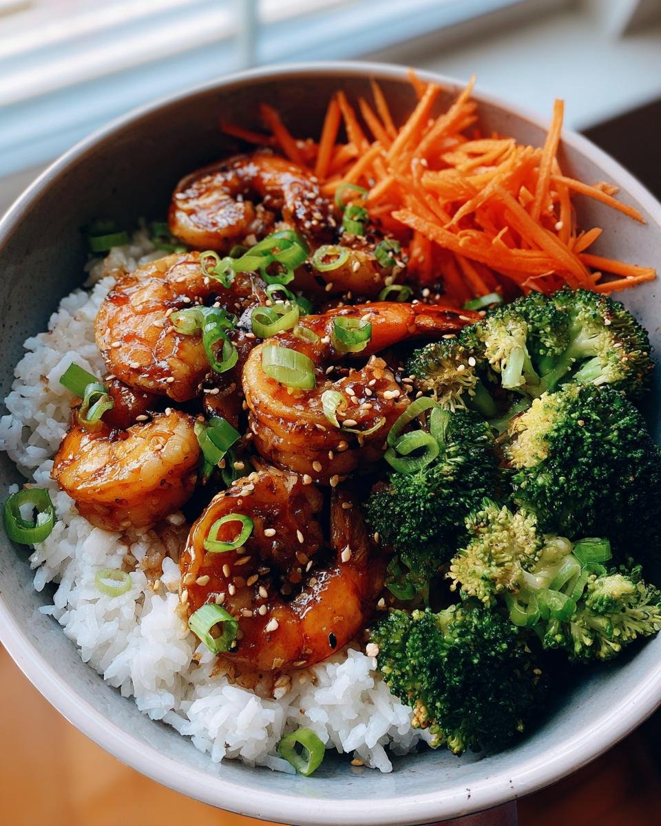 A delicious Honey Garlic Shrimp Bowl with rice, broccoli, and shredded carrots, garnished with sesame seeds and green onions.