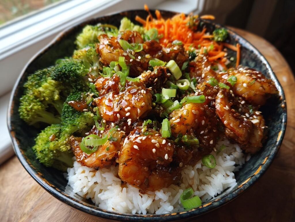 Close-up of a Honey Garlic Shrimp Bowl with rice, broccoli, carrots, and sesame seeds.
