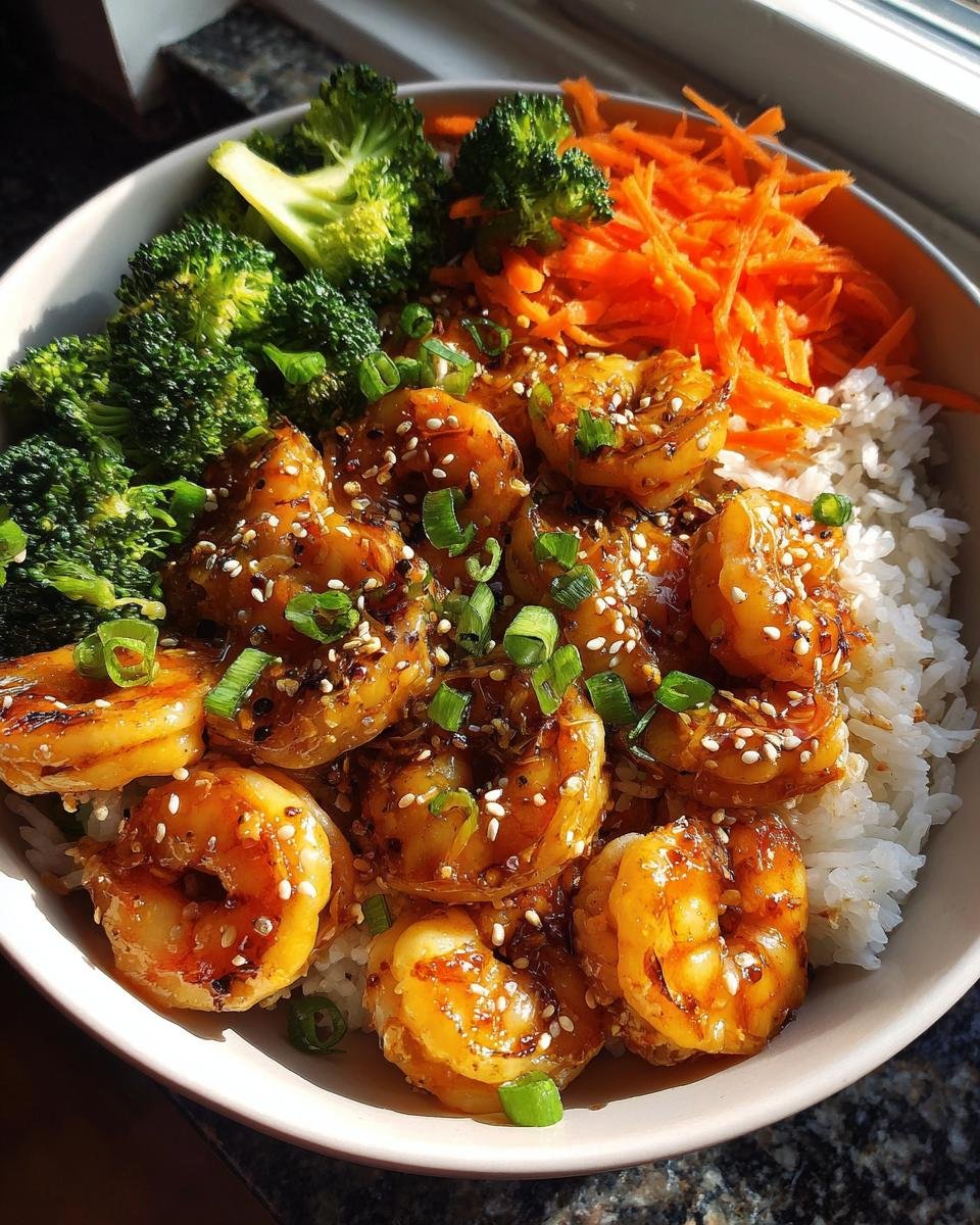 A vibrant Honey Garlic Shrimp Bowl with rice, broccoli, shredded carrots, and sesame seeds.