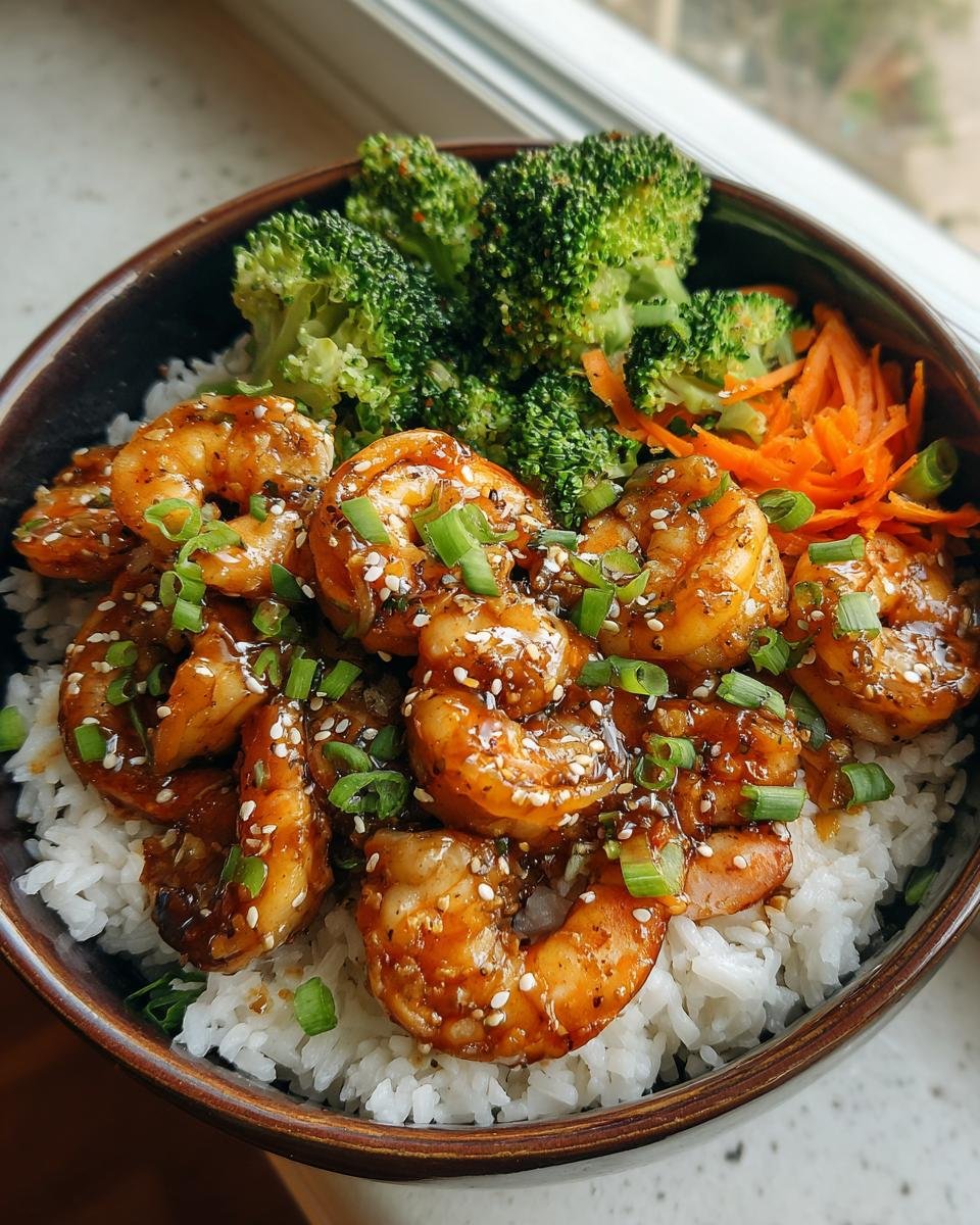A vibrant Honey Garlic Shrimp Bowl with rice, broccoli, carrots, and sesame seeds.