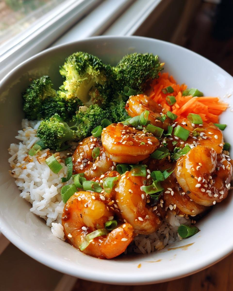 A vibrant Honey Garlic Shrimp Bowls with rice, broccoli, carrots, and sesame seeds.