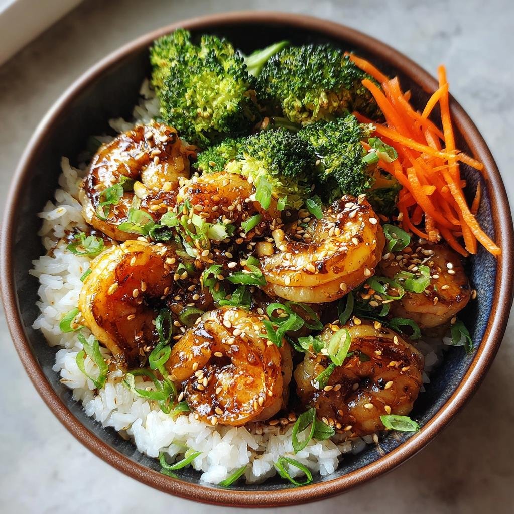 A flavorful Honey Garlic Shrimp Bowls with rice, broccoli, carrots, and sesame seeds.