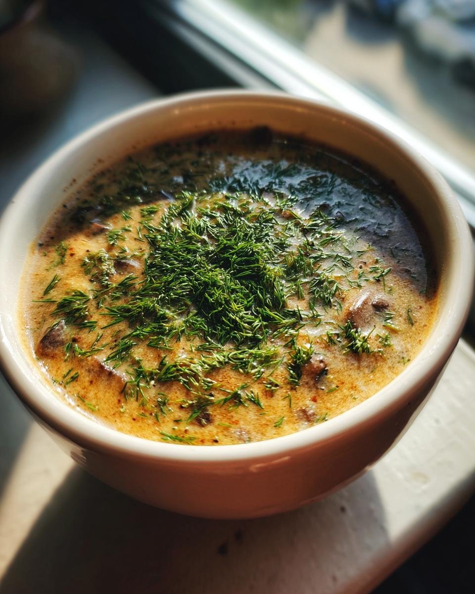 Close-up of a bowl of Hungarian Mushroom Soup, garnished with fresh dill.