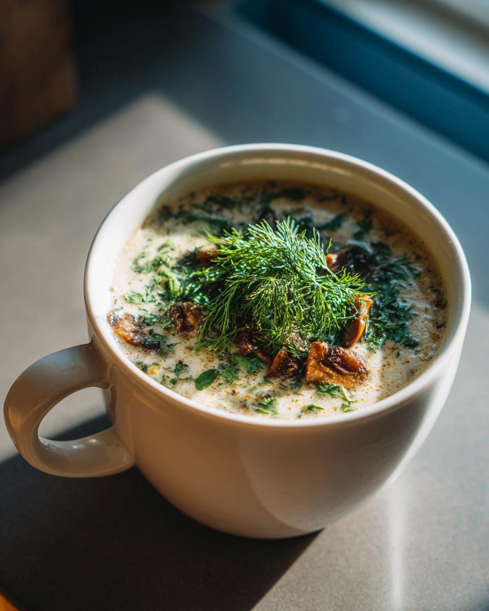 A bowl of creamy Hungarian Mushroom Soup, garnished with dill and herbs, sits on a table.