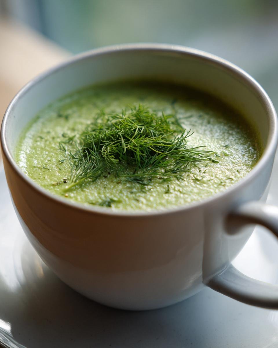Close-up of creamy Hungarian Mushroom Soup in a white bowl, garnished with fresh dill.