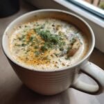 Close-up of Hungarian Mushroom Soup in a mug, garnished with fresh dill.