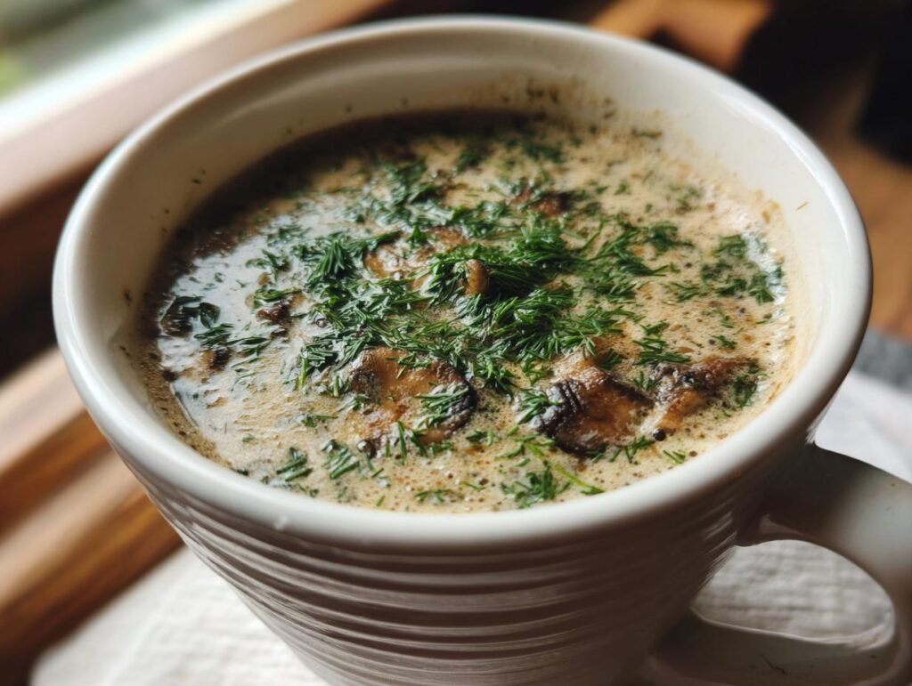 Close-up of Hungarian Mushroom Soup in a white mug, garnished with fresh dill.