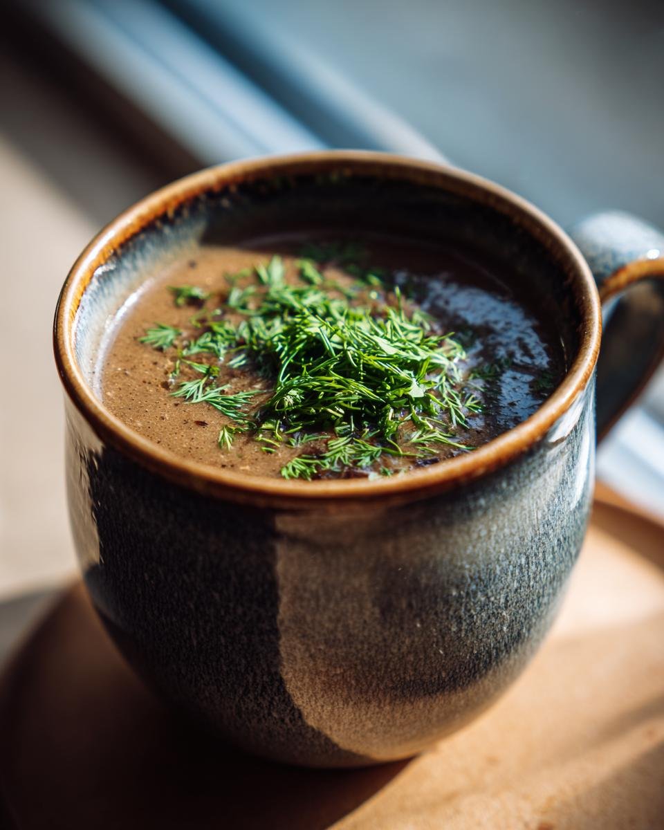 Close-up of Hungarian Mushroom Soup in a mug, garnished with fresh dill.