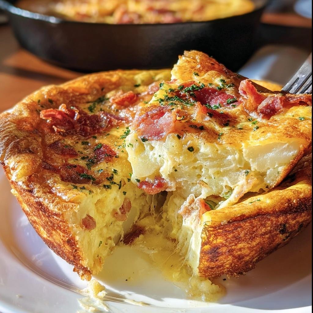 A delicious slice of Ina Garten Bacon Potato Frittata, showcasing potatoes, bacon, and herbs.