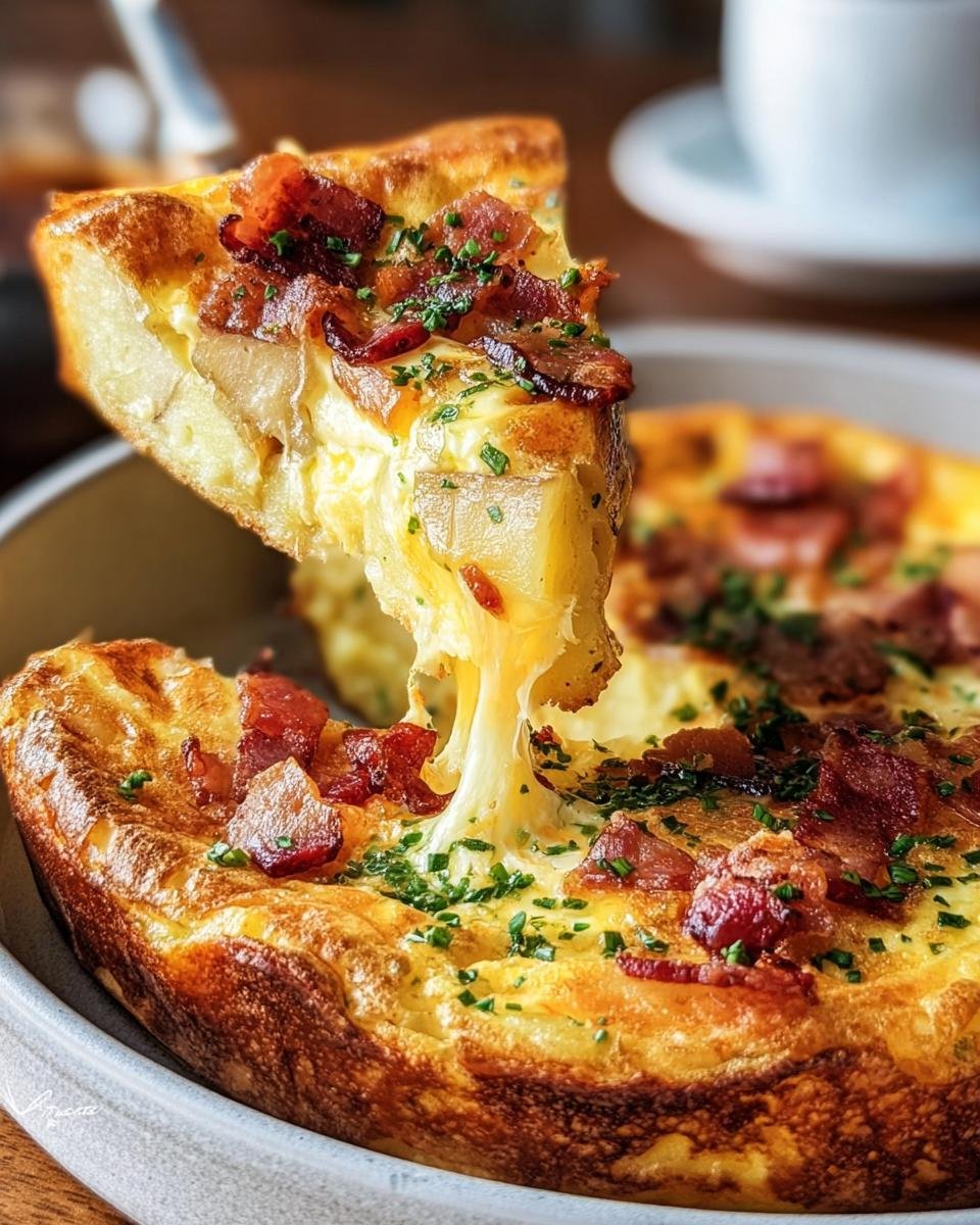 A slice of Ina Garten Bacon Potato Frittata being lifted, showing the cheesy, potato filling and crispy bacon topping.