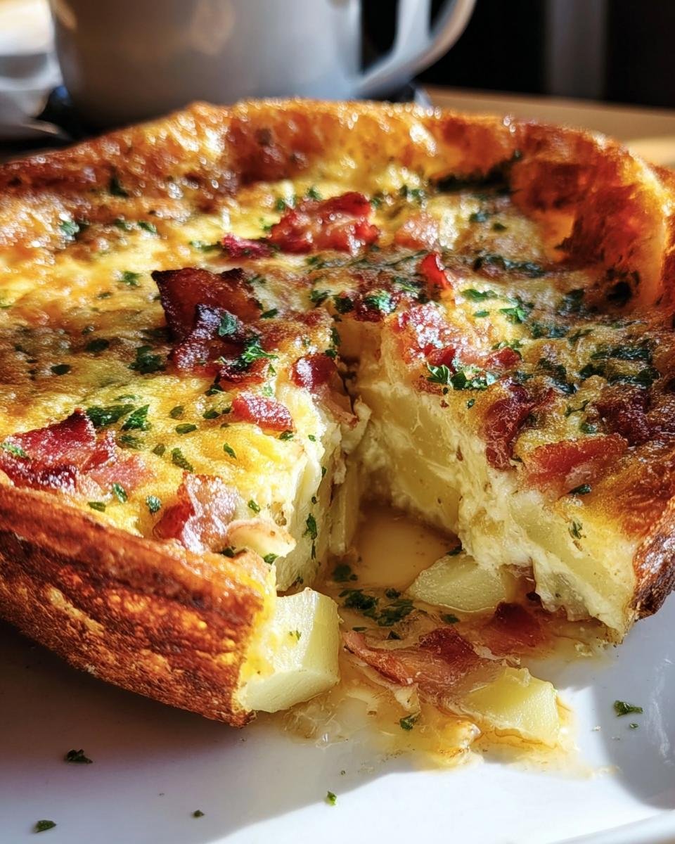Close-up of a slice of Ina Garten Bacon Potato Frittata, showing potatoes, bacon, and herbs.