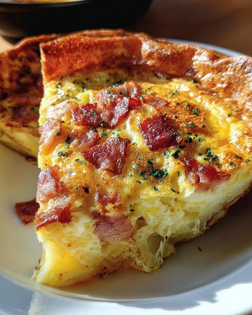 A slice of Ina Garten Bacon Potato Frittata with crispy bacon and herbs on a white plate.