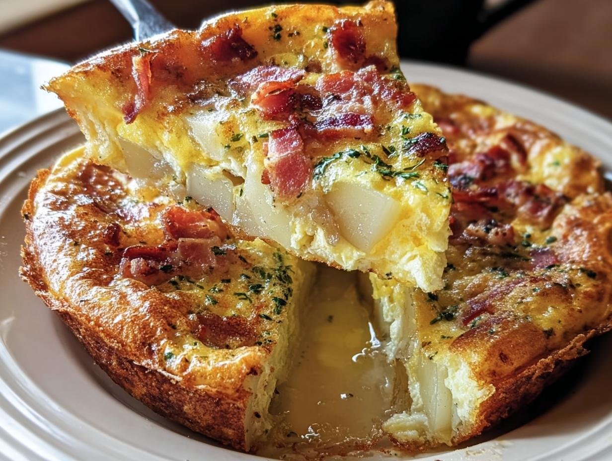 A slice of Ina Garten Bacon Potato Frittata being lifted from the whole frittata, showing potatoes and bacon.