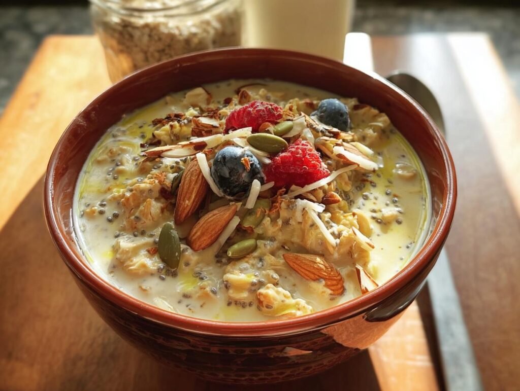 A bowl of creamy Indian Overnight Oats topped with fresh berries, almonds, seeds, and coconut flakes.