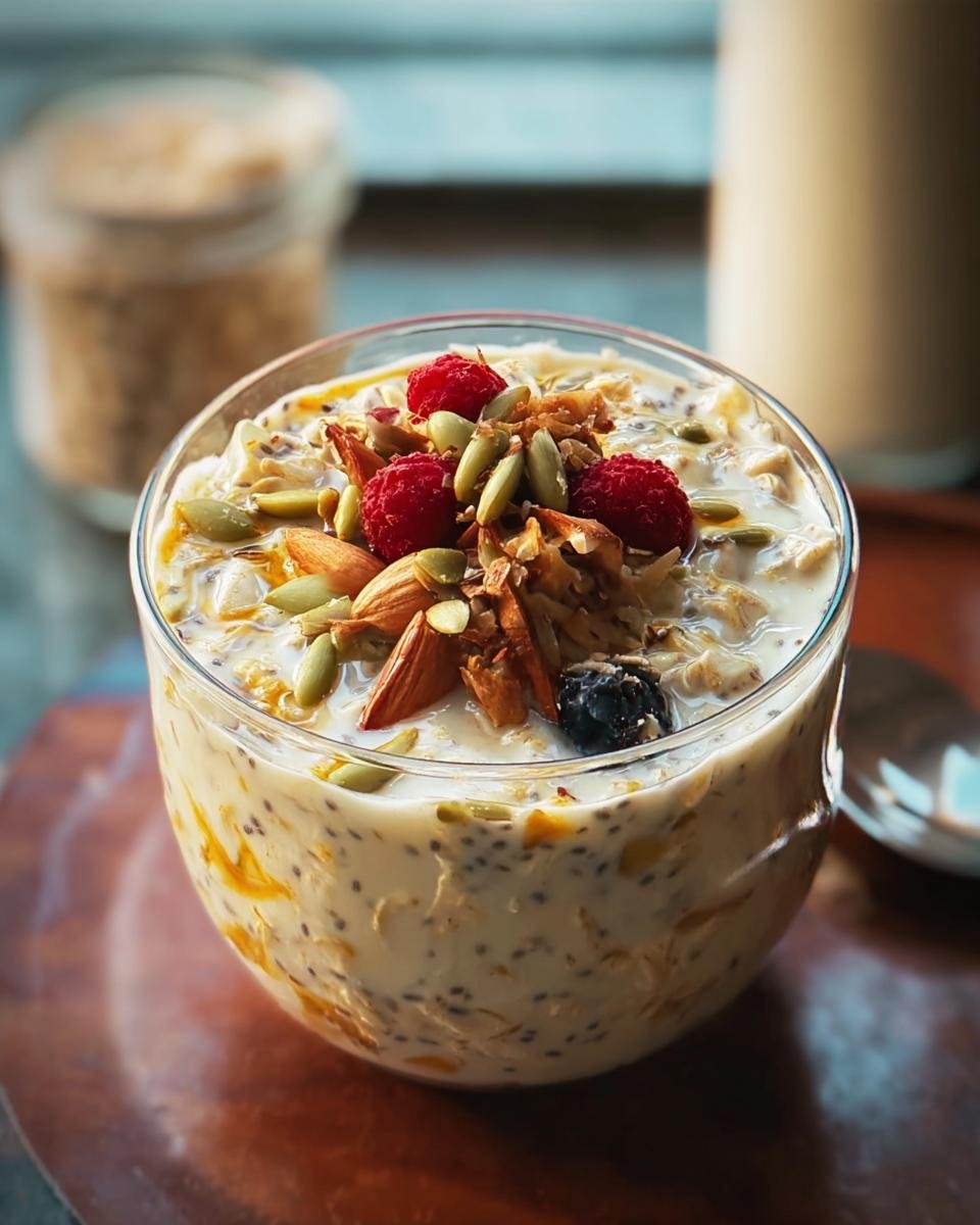 A bowl of creamy Indian Overnight Oats topped with raspberries, almonds, seeds, and coconut flakes.