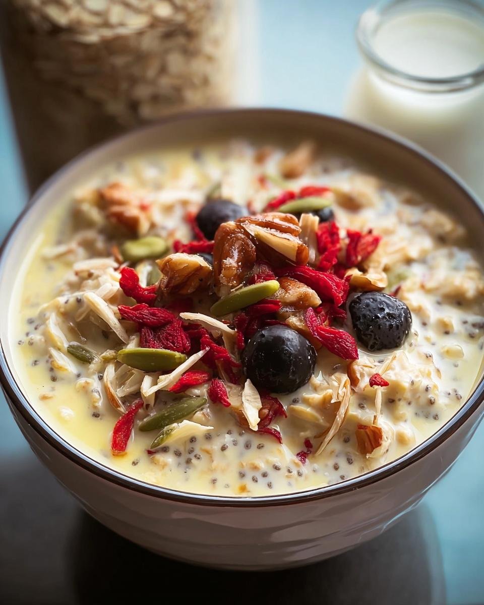 A bowl of creamy Indian Overnight Oats topped with fresh blueberries, nuts, and goji berries.
