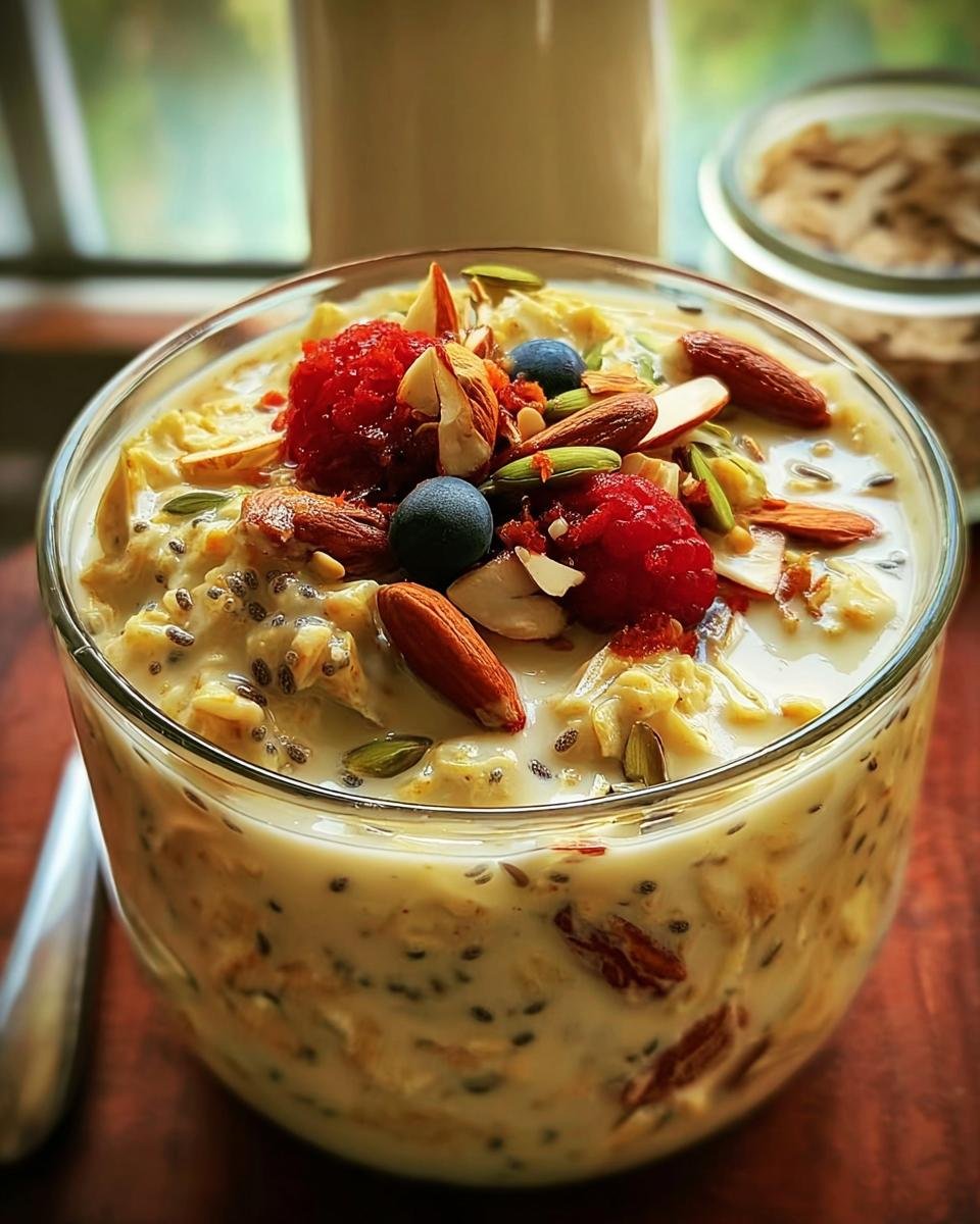 A glass bowl filled with Indian Overnight Oats, topped with fresh raspberries, blueberries, and almonds.