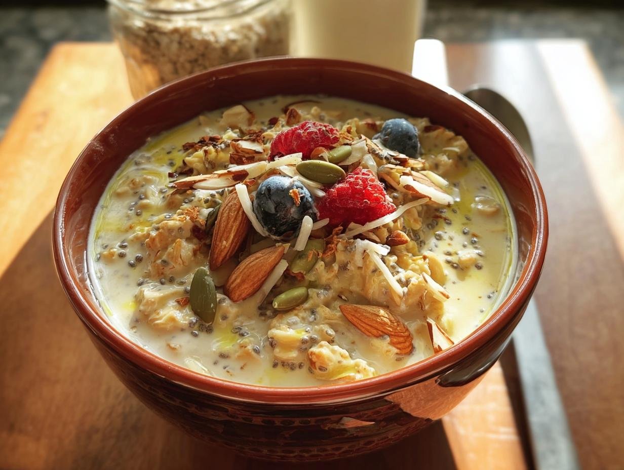A bowl of creamy Indian Overnight Oats topped with fresh berries, almonds, seeds, and coconut flakes.