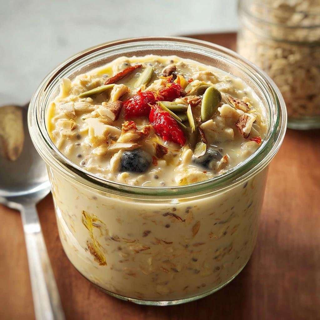 Jar of Indian Overnight Oats topped with berries, seeds, and nuts, ready to eat.