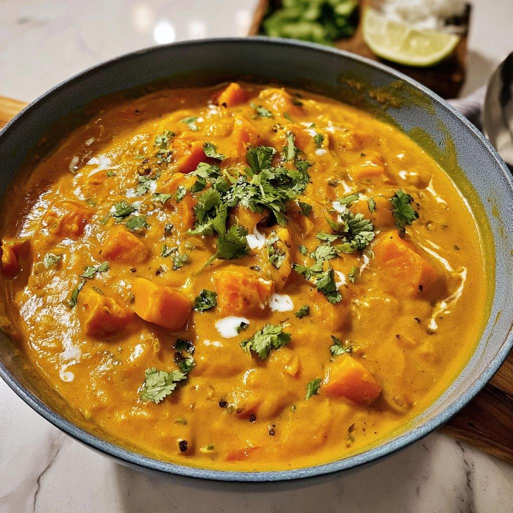 A vibrant bowl of Indian Pumpkin Curry, garnished with fresh cilantro and a swirl of cream.