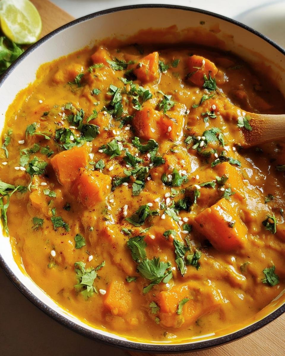 Bowl of Indian Pumpkin Curry, garnished with cilantro and sesame seeds, with a lime wedge.
